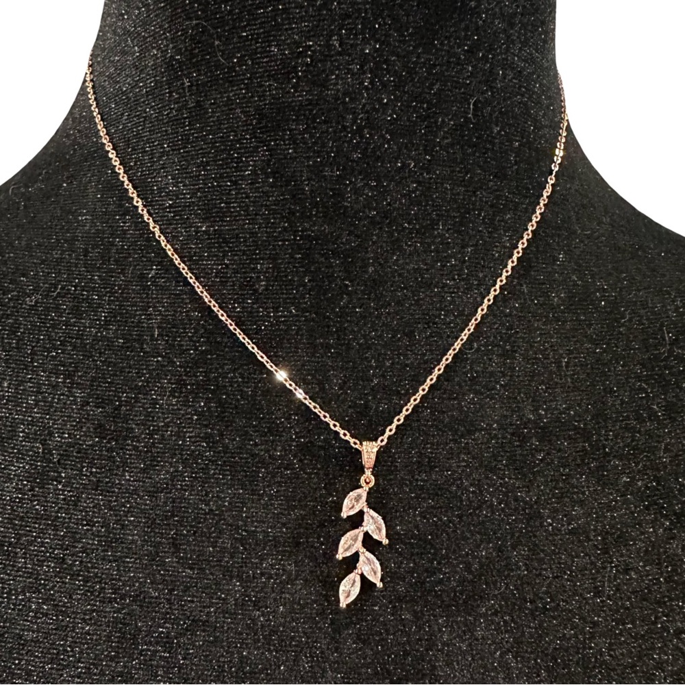 Cubic Zirconia Olive Branch Pendant Necklace Earring Set Rose Gold